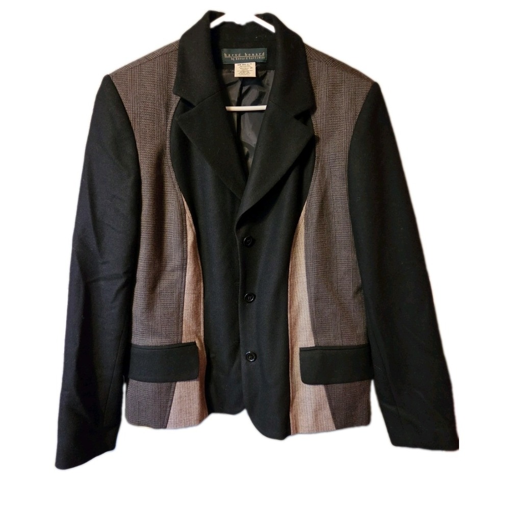 Harve Benard Mixed Media Wool Blend Blazer Black Grey Glen Plaid Jacket Size 14